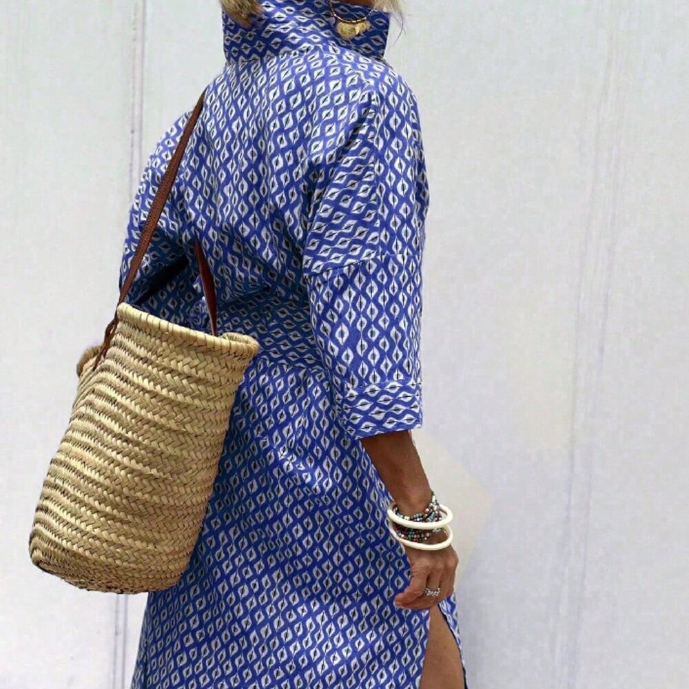 Blue Casual Women's Hem Short Sleeve Shirt Drop Shoulder Dress - Picture 2 of 6